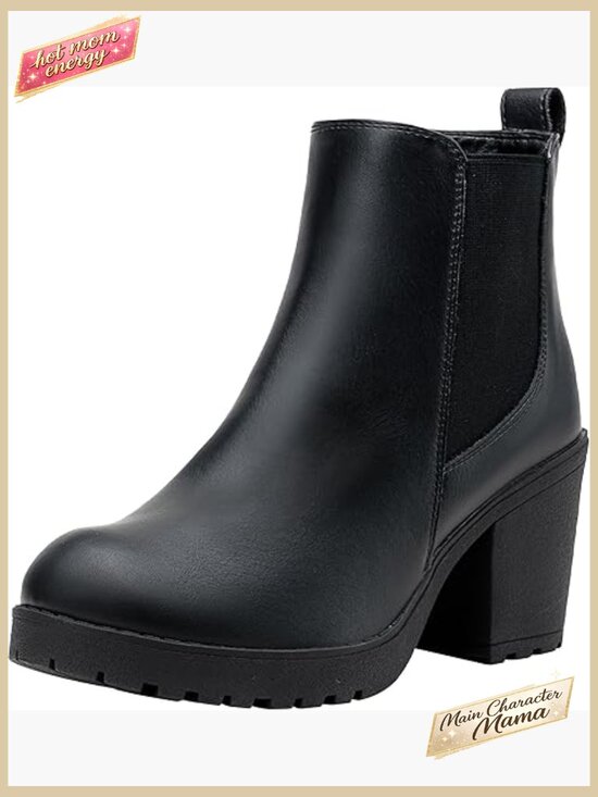 Shoes - Chunky Heeled Ankle Boots Platform Chelsea Retro Booties Side Zip Faux Leather